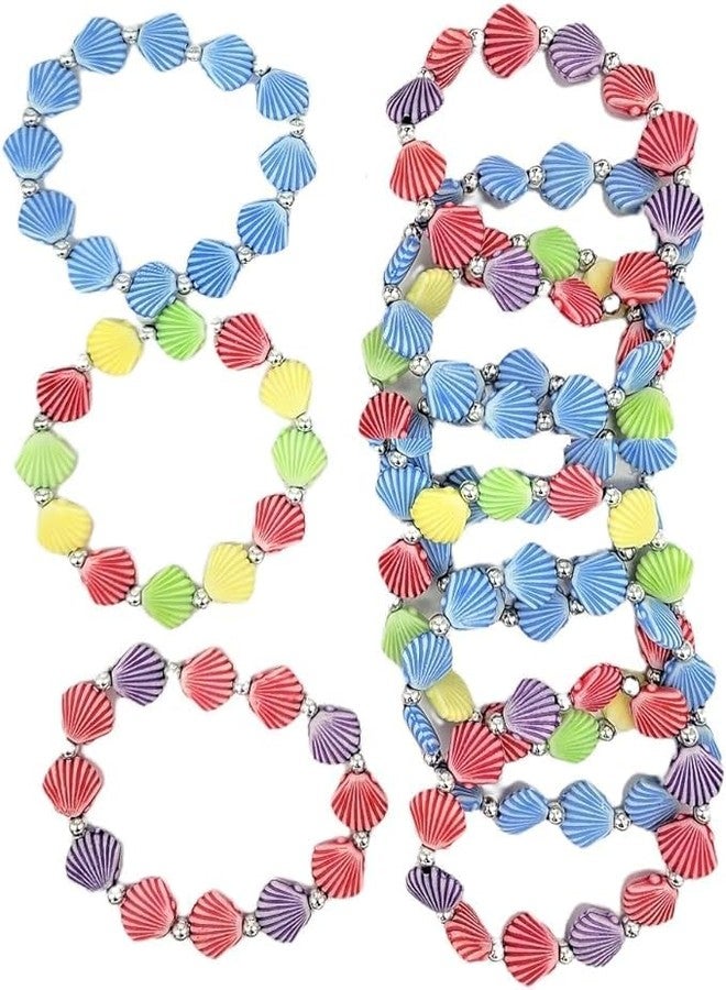 AMERICAN WIT Colorful Faux Sea Shell Bead Stretchy Kid's Bracelets (12 Pack) Mermaid Theme - Image 1